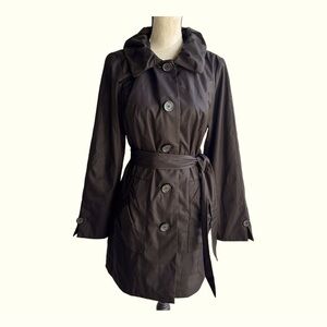 Dennis Basso Hooded Trench Coat‎ Jacket Womens Small Black Belted Ladies…